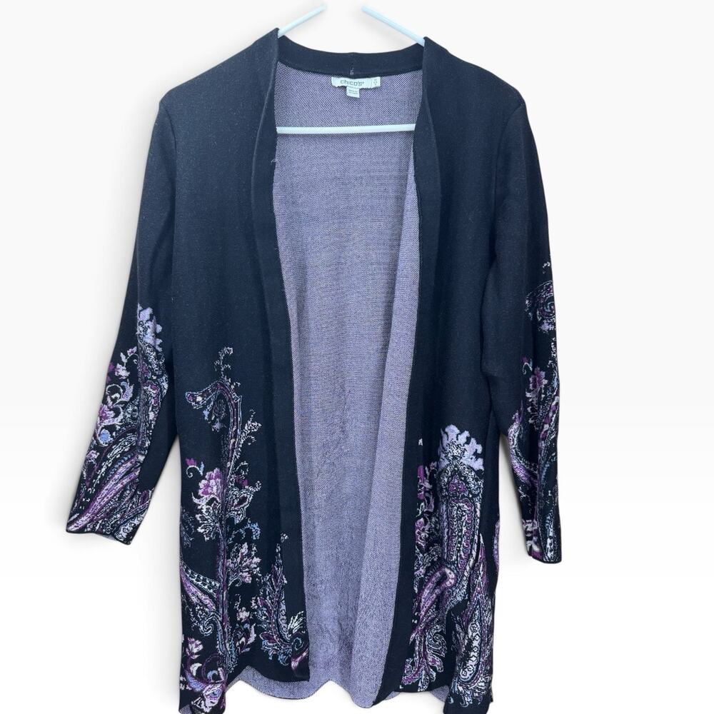 Chicos Open Front Black Cardigan Sweater Purple Paisley Print Size Small